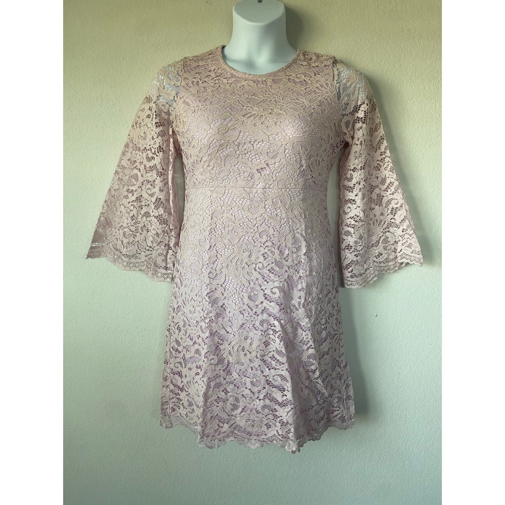 Ivanka Trump Women's Lace Bell Sleeve Dress Lavender Pink Fit‎ Flare Midi